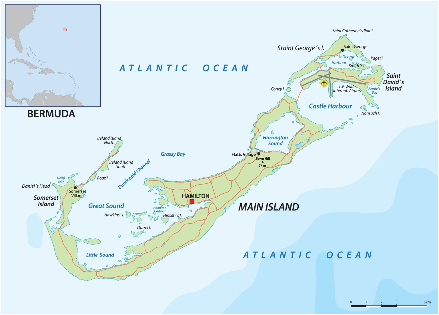 Detailed road and reference map of Bermuda showing Hamilton, St George, Somerset Island, Castle Harbour and the main road network