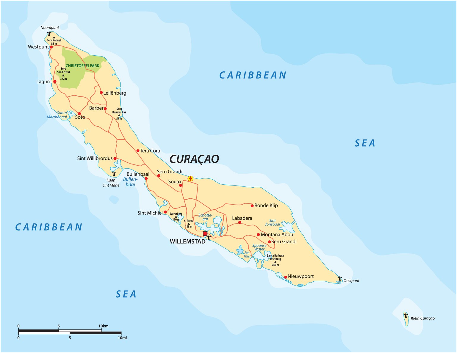 Detailed road map of Curacao showing Willemstad, Westpunt, Christoffelpark, Spaanse Water and Klein Curacao
