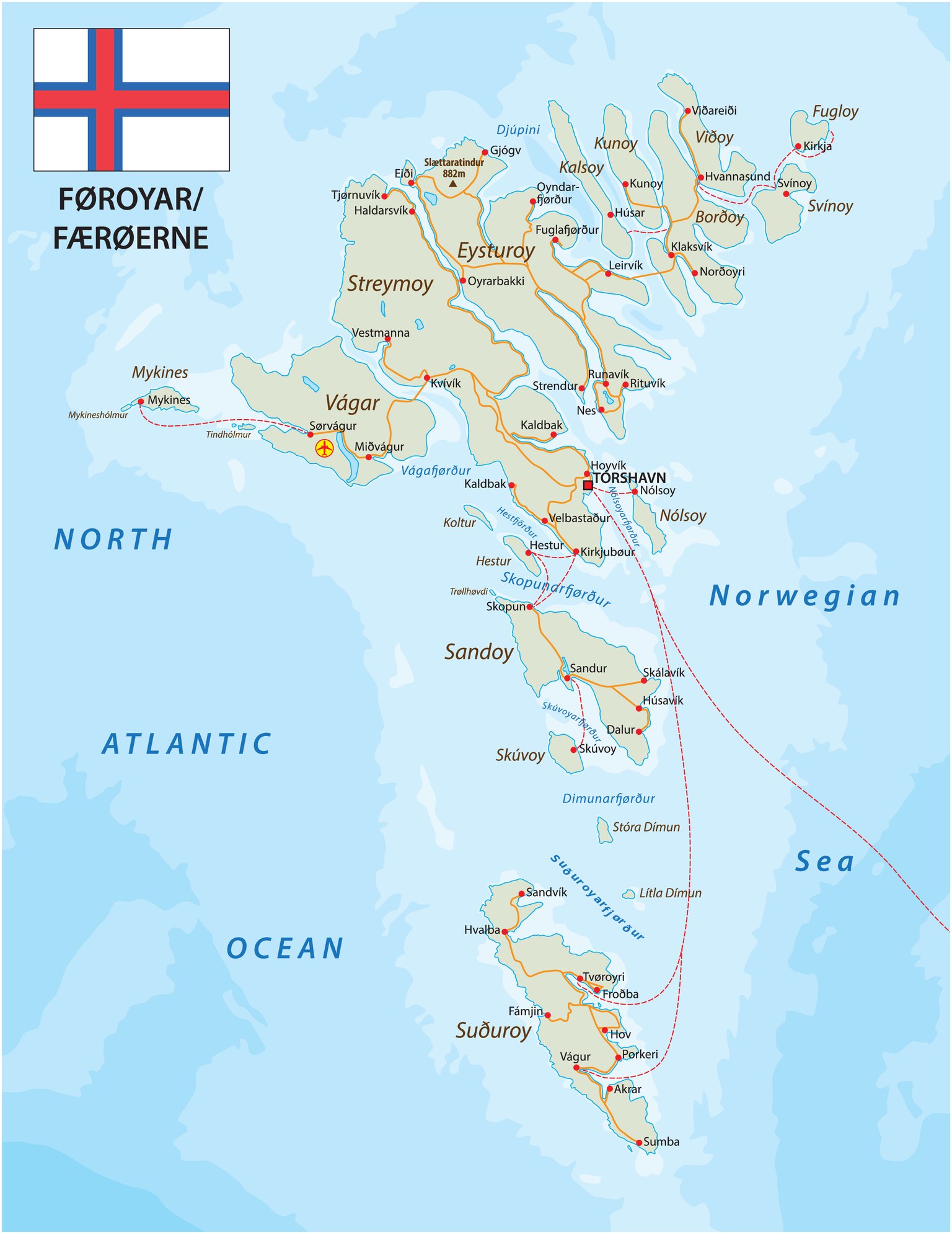 Detailed road and ferry map of the Faroe Islands showing Torshavn, all 18 islands, Vagar Airport, road tunnels and ferry routes