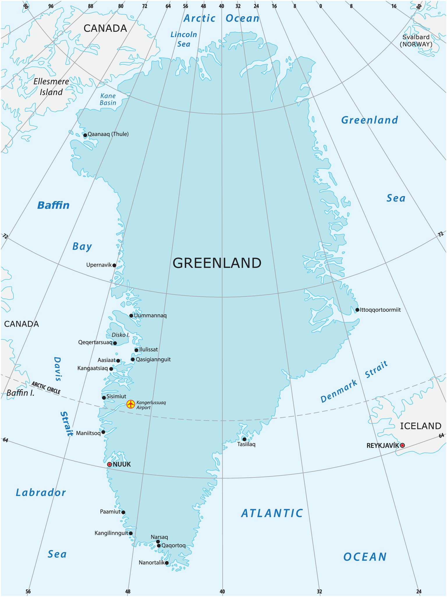 Detailed reference map of Greenland showing Nuuk, Ilulissat, Qaanaaq, Kangerlussuaq Airport, the Arctic Circle and surrounding seas