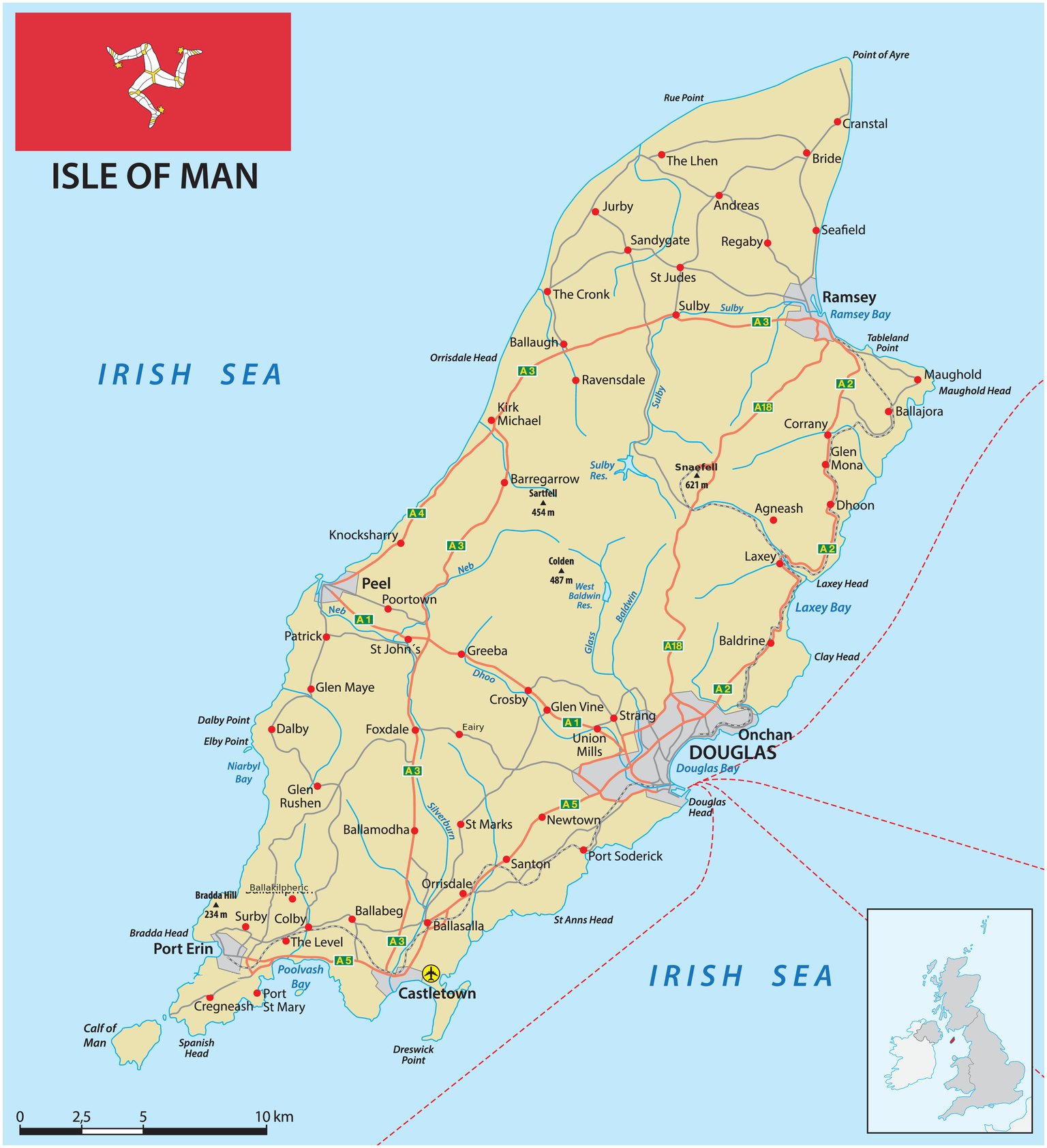 Detailed road map of the Isle of Man showing Douglas, the TT course area, Snaefell, Peel, Ramsey, Castletown and the Calf of Man