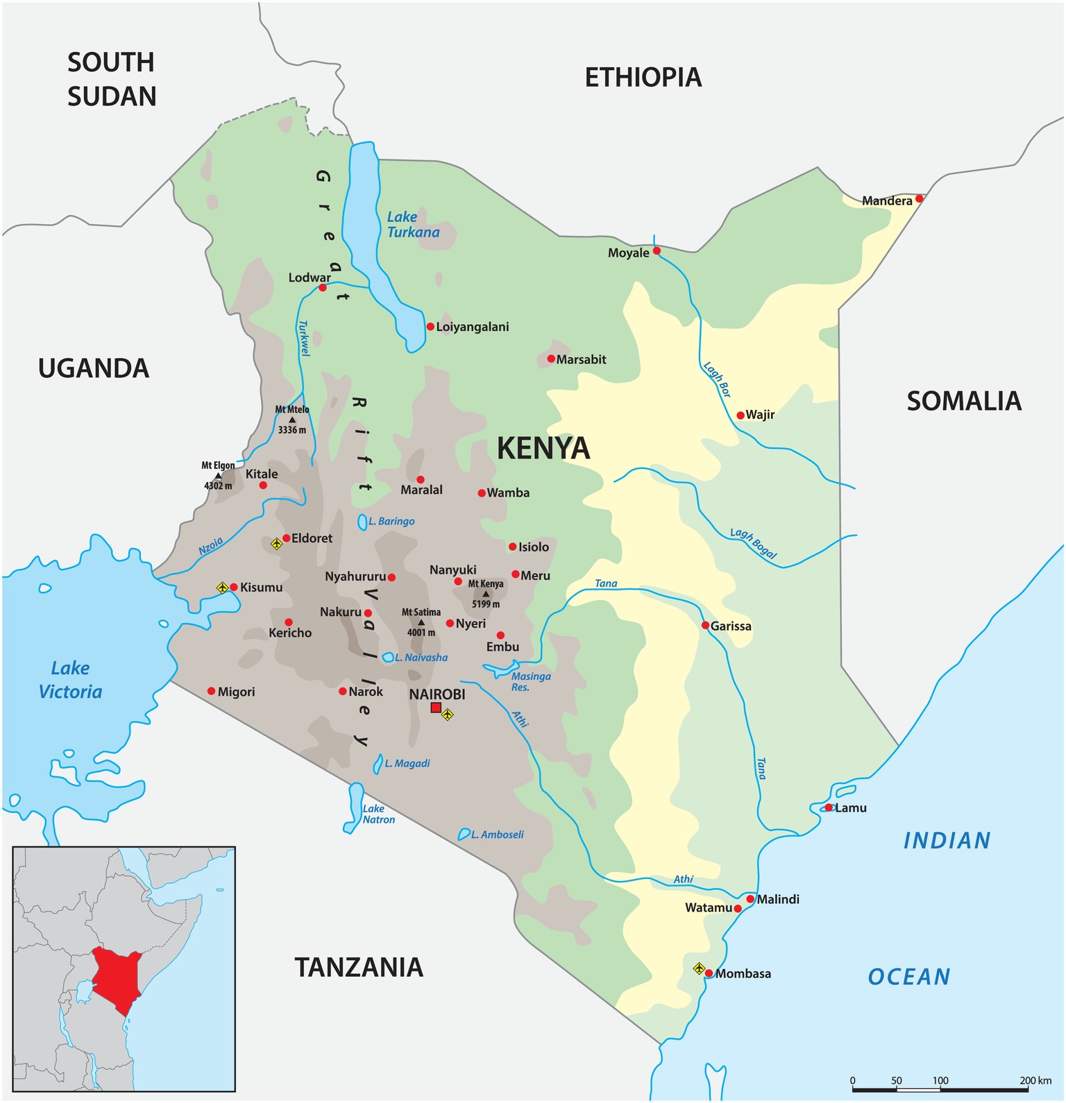 Detailed physical map of Kenya showing Nairobi, Mombasa, the Great Rift Valley, Mount Kenya, Lake Turkana and Lake Victoria