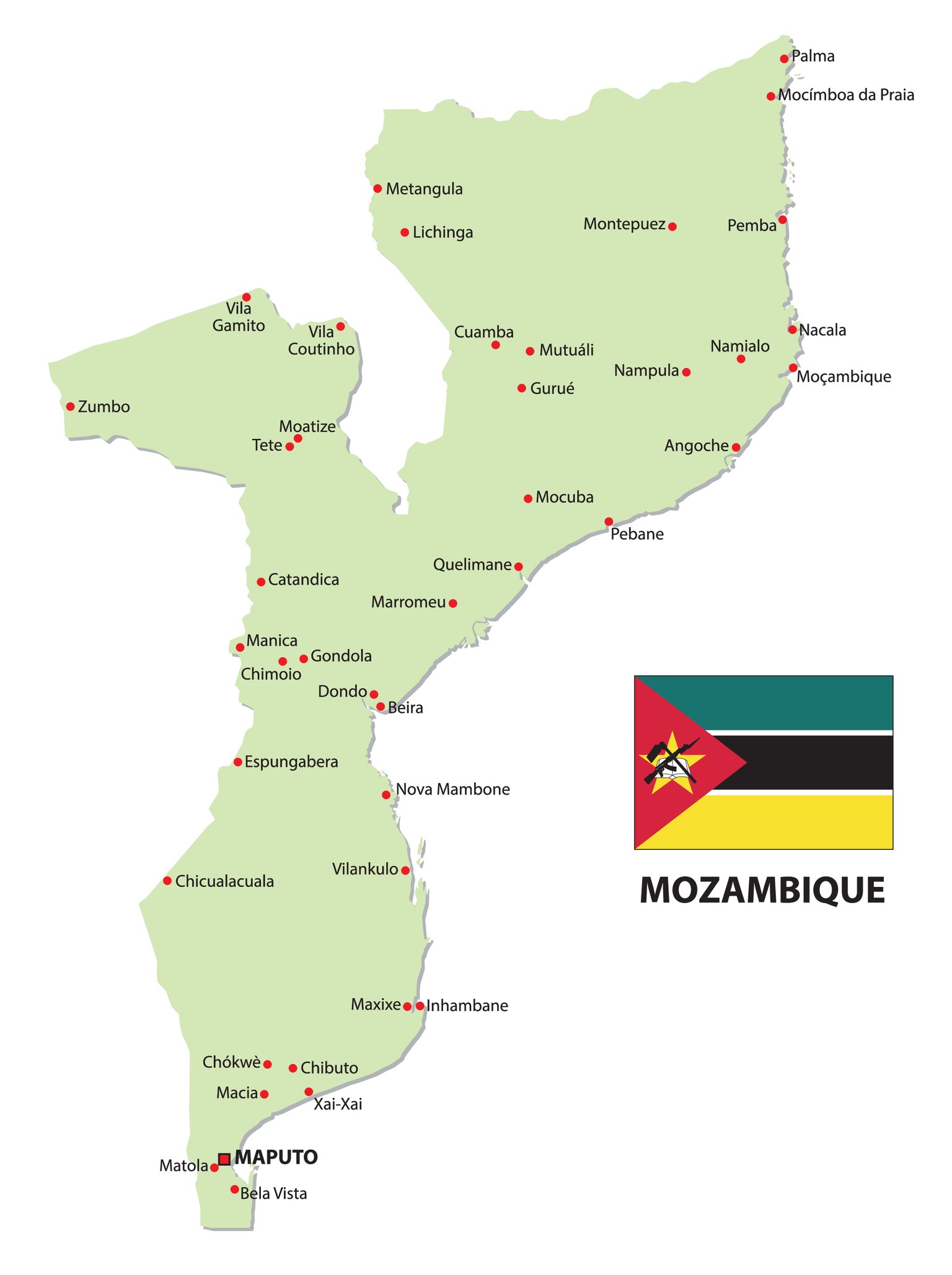 City map of Mozambique showing Maputo, Beira, Nampula, Pemba, Quelimane and the main towns from Palma to Bela Vista