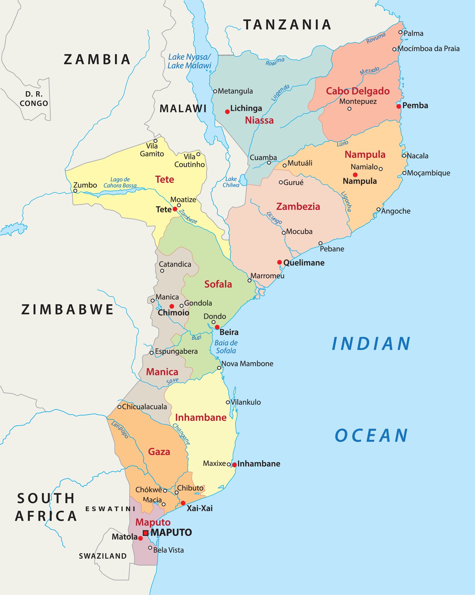 Administrative map of Mozambique showing all provinces in color: Niassa, Cabo Delgado, Nampula, Zambezia, Tete, Manica, Sofala, Inhambane, Gaza and Maputo