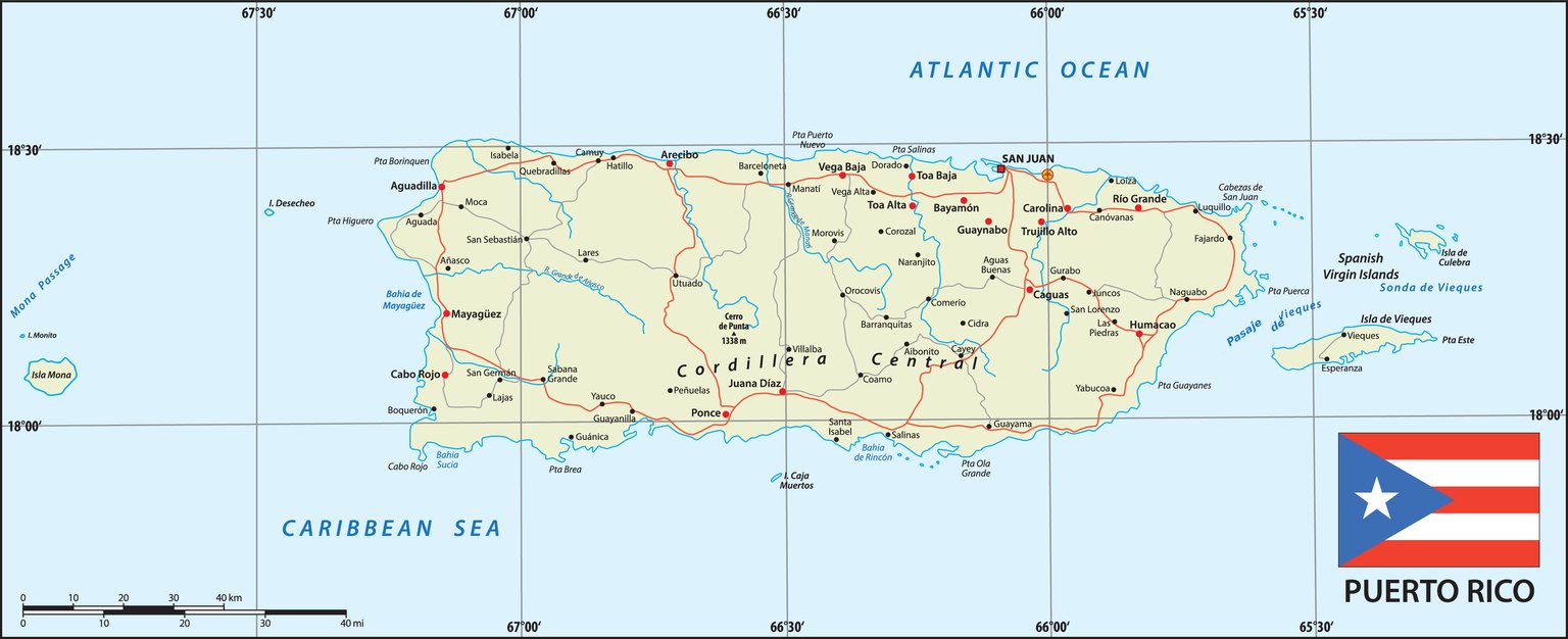 Detailed road map of Puerto Rico showing San Juan, Ponce, Mayaguez, the Cordillera Central, Vieques and Culebra