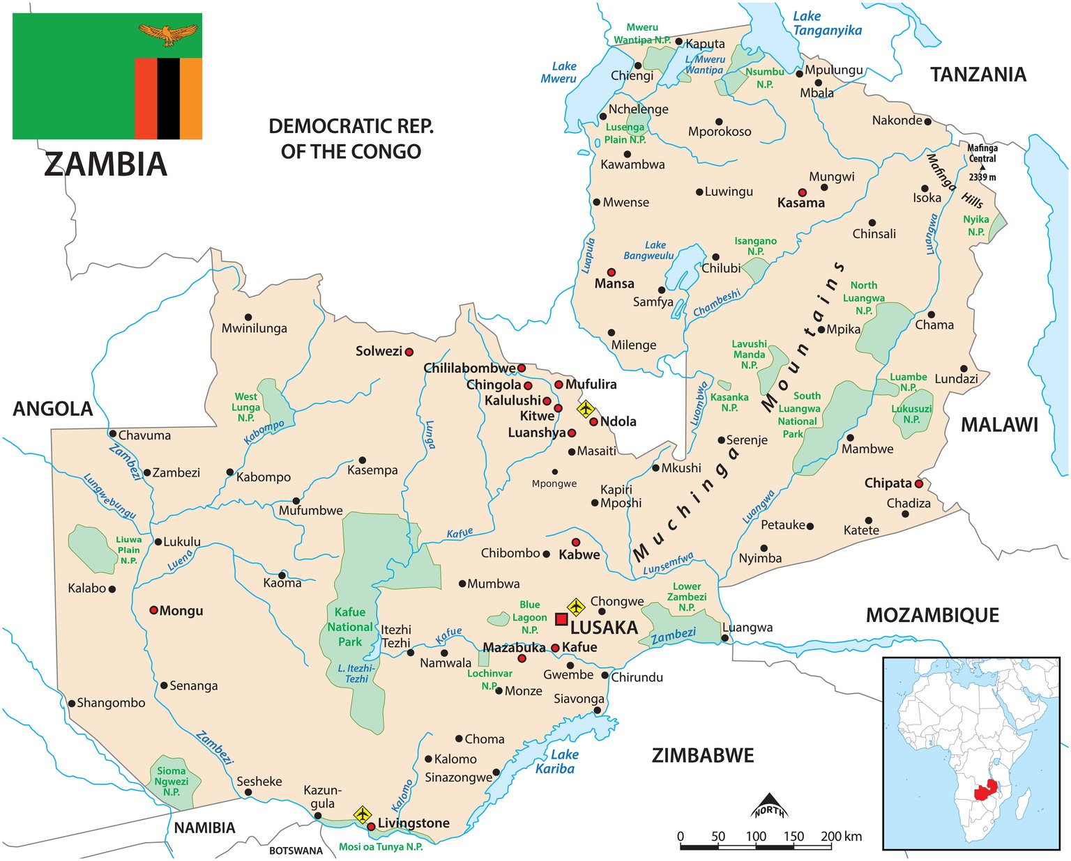 Detailed reference map of Zambia showing Lusaka, Livingstone, the Copperbelt, Kafue and Luangwa national parks, Lake Kariba and the Zambezi
